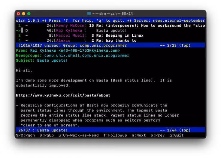 Screenshot of the slrn Usenet client on macOS, showing a detailed view of a message, highlighting the text-based interface in action