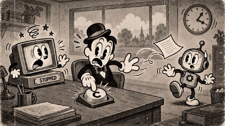 A vintage cartoon shows a startled user pressing a C key as a computer stops and a sheet of paper flies away.