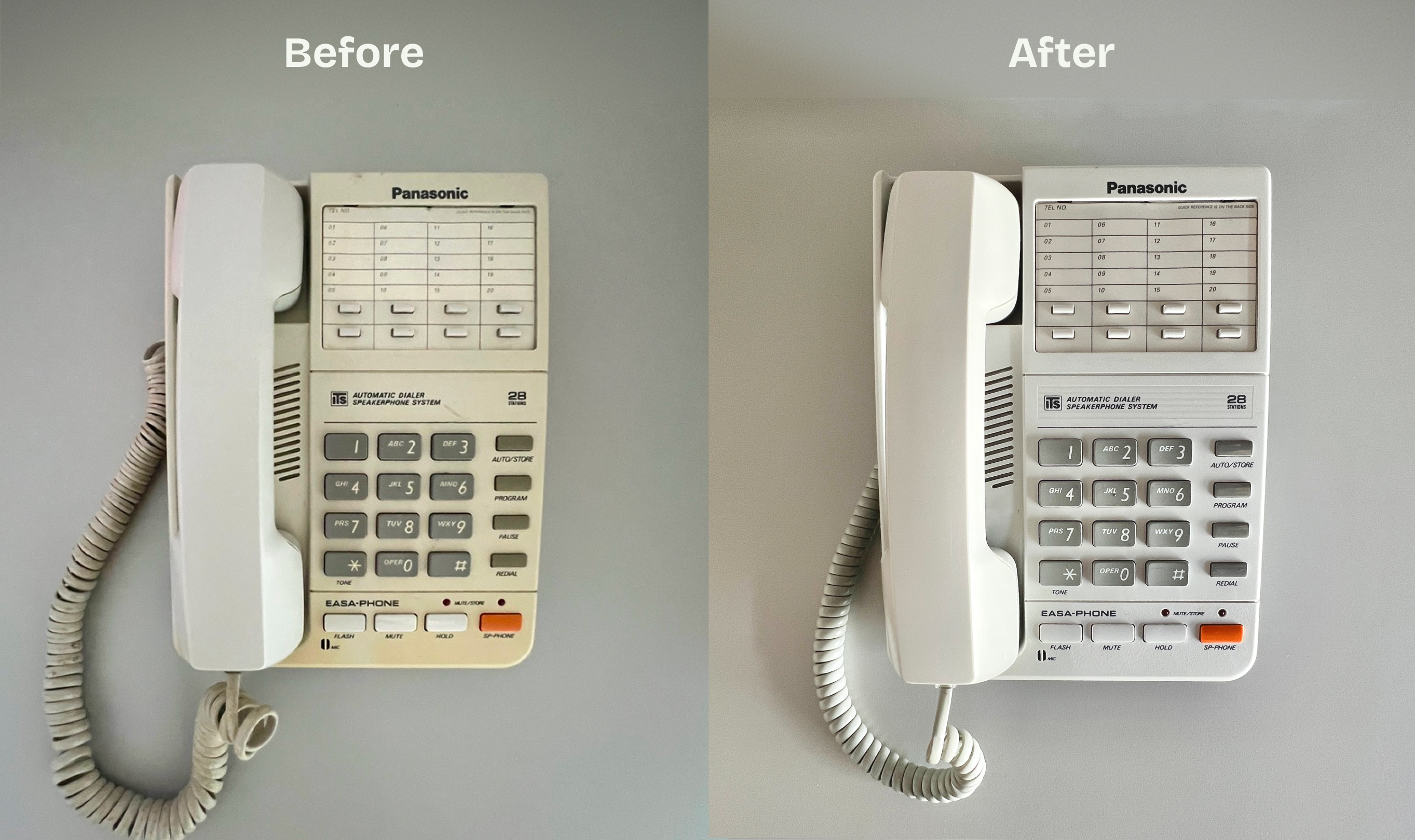 Side-by-side comparison showing yellowed Panasonic phone before and restored after cleaning