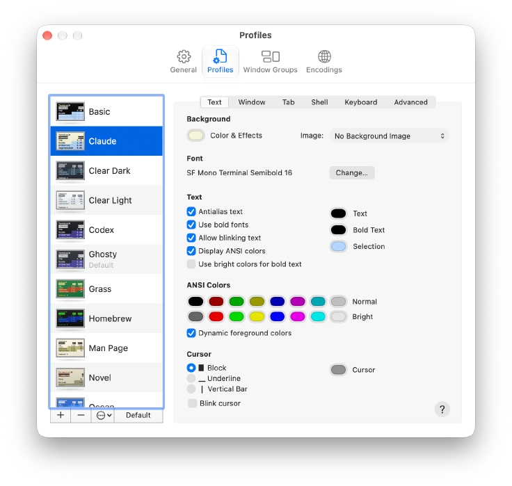 Terminal Profiles settings showing color-coded profiles for AI agents