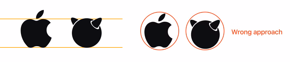 Apple and FreeBSD logos compared by their heavy base and top detail, followed by a wrong circular crop approach