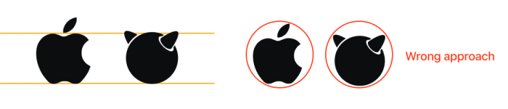 Apple and FreeBSD logos compared by their heavy base and top detail, followed by a wrong circular crop approach
