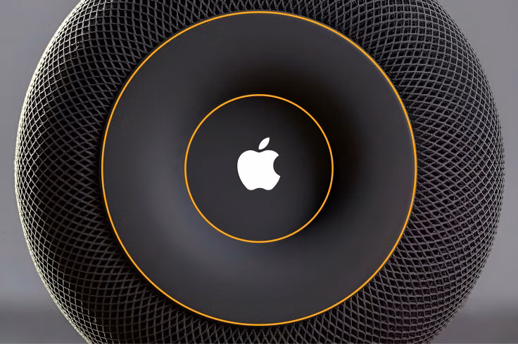 Apple HomePod top with orange circular guides around the speaker surface and Apple logo