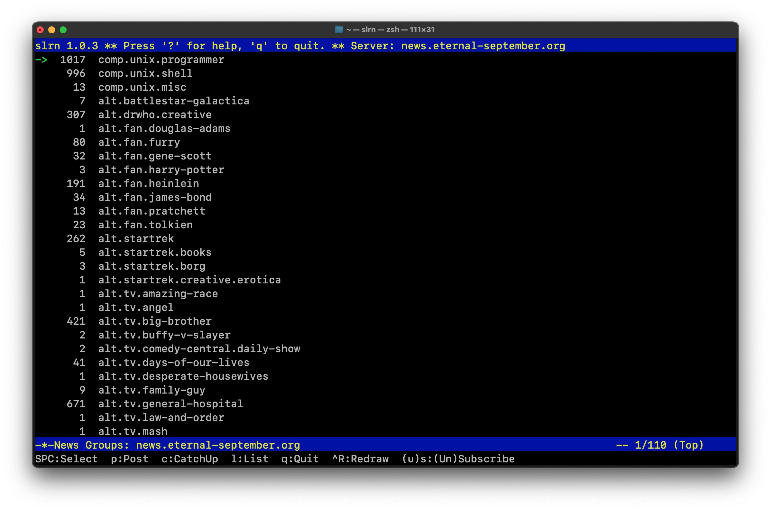 Screenshot of the slrn Usenet client running on macOS, displaying a list of Usenet groups