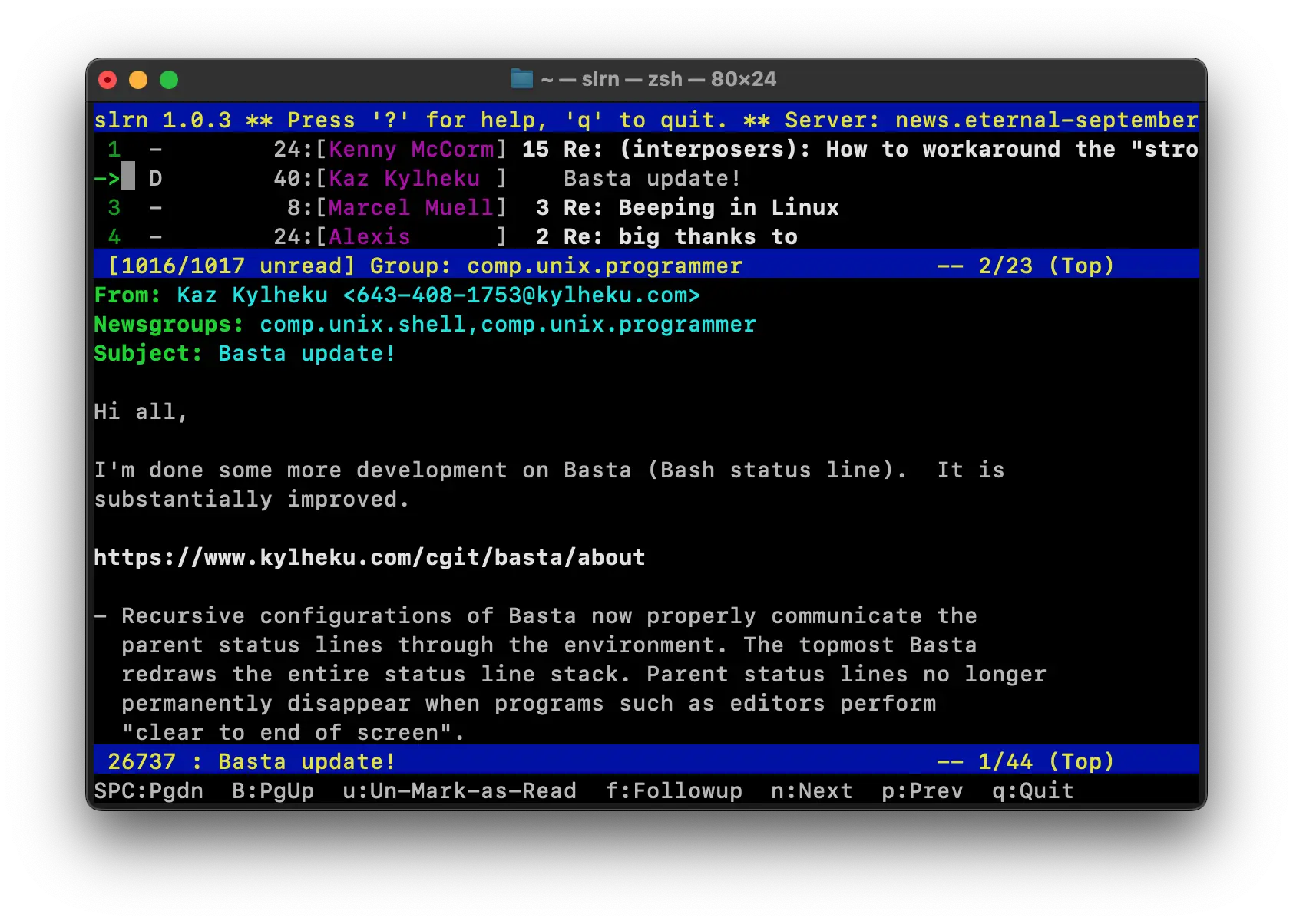 Screenshot of the slrn Usenet client on macOS, showing a detailed view of a message, highlighting the text-based interface in action