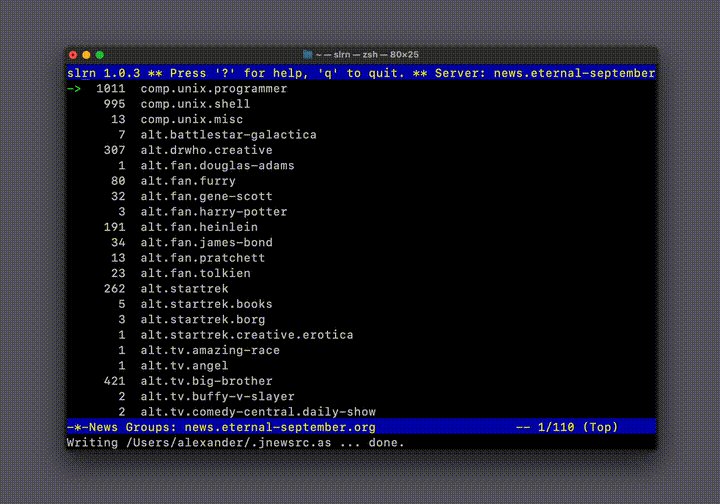 Animated GIF showing the text-based interface of the slrn Usenet client, displaying a list of messages or groups in a retro, blocky font style reminiscent of early digital communication