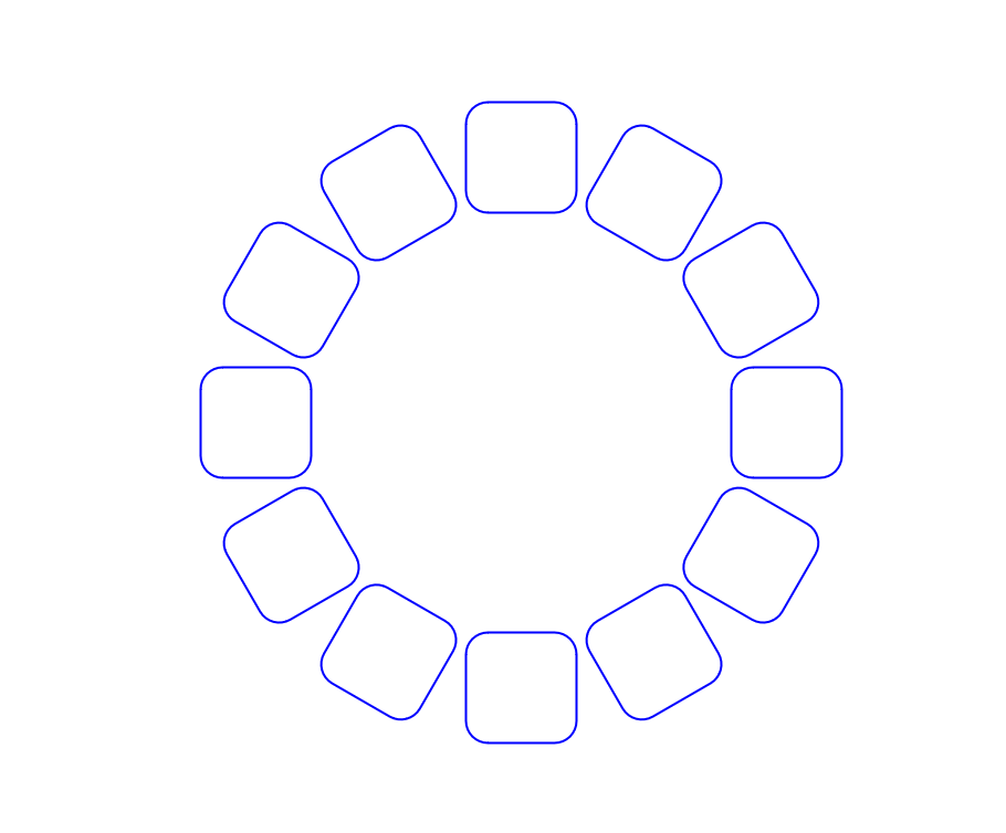 Rotate copies around center by using Math.PI, rotate objects to center